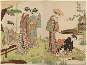 Benches Gallery: By an Iris Pond, c. 1785. Creator: Torii Kiyonaga