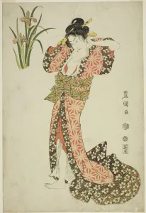 Irises: beauty arranging hair, from an untitled series of beauties and flowers, 1812