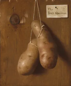 The Irish Question, 1880s. Two potatoes suspended by a string; the title may refer to the troubled status of the Irish in the late 19th century The Irish Question, 1880s. Creator: De Scott Evans