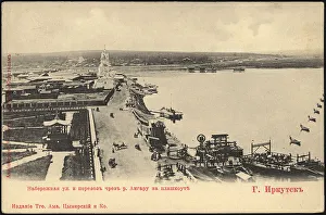 Irkutsk Rossiya Russia Prints: Irkutsk. Embankment street and Ferry across the Angara River, 1900-1904. Creator: Unknown