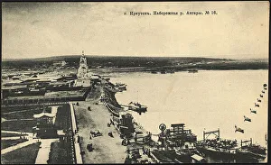 Irkutsk Rossiya Russia Prints: Irkutsk. Embankment street and Ferry across the Angara River, 1906. Creator: Unknown