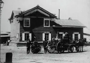 Prorokov R Prints: Irkutsk police fire brigade. Steam fire pipe and Arsenal well, 1894. Creator: R Prorokov