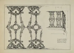 Balcony Rail Prints: Iron Balcony Railing, c. 1936. Creator: Arelia Arbo