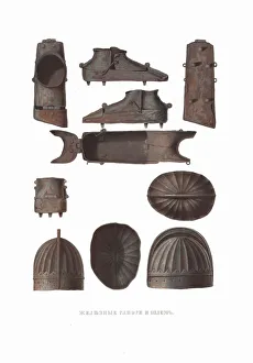 Armor Prints: Iron boots and helmet. From the Antiquities of the Russian State, 1849-1853