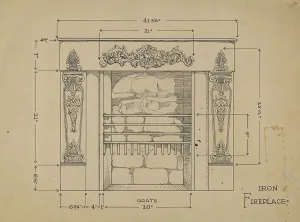 Artists Notes Prints: Iron Fireplace, c. 1936. Creator: Thomas Byrne