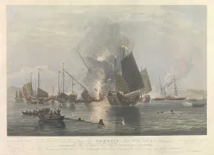 1843 Prints: The iron steam ship Nemesis destroying the Chinese War Junks in Anson's Bay