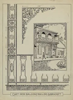 Iron Work on Balcony, c. 1936. Creator: Al Curry