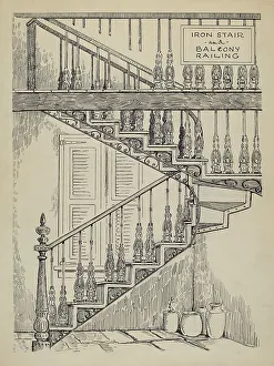 Balcony Rail Prints: Iron Work on Stairway, c. 1936. Creator: Al Curry