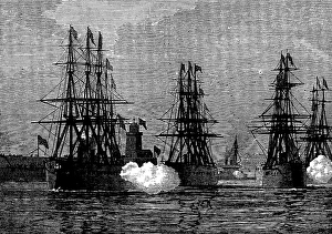 The Ironclad Squadron saluting at the Holyhead breakwater, 1873. Creator: Unknown