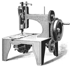 Sewing Machine Prints: Isaac Merrit Singers first sewing machine, patented in 1851 (1880)