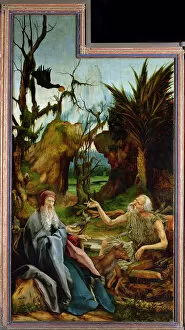 The Isenheim Altarpiece. Left wing: Meeting of Saint Anthony and Saint Paul the Anchorite in the Des Artist: Grunewald