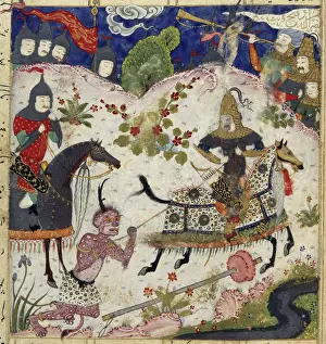 Ganjavi Nezami Prints: Iskandar lassoes a demon, 1505. Creator: Unknown