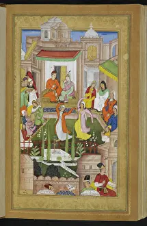 Sari Prints: Iskandar with Nushaba being entertained, 1595. Creator: Bhureh