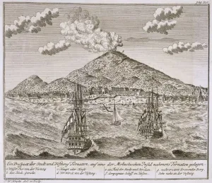 Erupting Prints: Island called Ternate in the Moluccas, pub. 1744. Creator: Johann Wolfgang Heydt (fl
