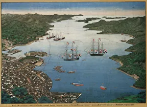 Nagasaki Prints: The island of Deshima in the bay of Nagasaki with the ships Vasco da Gama and Johanna