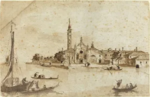 Gondolieri Prints: The Island of Madonna della Grazia. Creators: Francesco Guardi, Giacomo Guardi