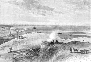 Steam Ships Prints: The Isthmus of Suez Maritime Canal: Lake Timsah, 1869. Creator: Unknown