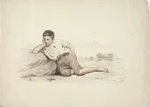 Anders Ekman Prints: An Italian boy lying against a stone by the bay, 1850-1855. Creator: Karl Anders Ekman