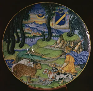 Callisto Prints: Italian earthenware dish, possibly showing the nymph Callisto
