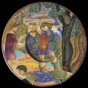Sacred Prints: Italian earthenware plate, Erysichthon felling a tree in grove of Ceres, 16th century