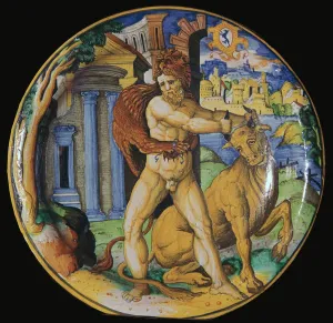 Italian earthenware plate with an image of Hercules and the Cretan bull, 16th century Italian earthenware plate with an image of Hercules and the Cretan bull, 16th century