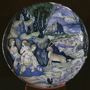 Actaeon Gallery: Italian earthenware plate showing Artemis turning Actaeon into a stag