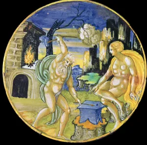 Italian earthenware plate showing Vulcan forging arrows for Cupid, c.16th century Italian earthenware plate showing Vulcan forging arrows for Cupid, c.16th century