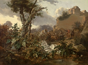 Nicolaes Berghem Prints: Italian Landscape with a Cavalry Battle, 1665-1670. Creator: Nicolaes Berchem