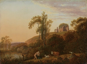 Daybreak Prints: Italian Landscape with Ruins and bathing Woman