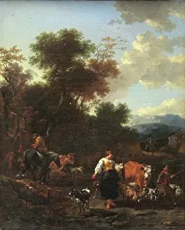 Nicolaes Berghem Prints: Italian Landscape with Shepherds at a River, c1650-1655. Creator: Nicolaes Berchem