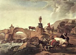 Farm Animal Prints: Italian Landscape with a Small Bridge, 1656. Creator: Nicolaes Berchem