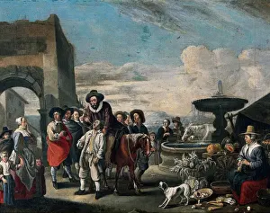 Vendor Prints: An Italian market-place with a tooth-drawer on horseback. Creator: Hendrik Mommers