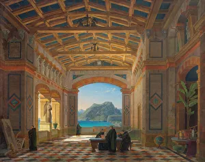Capri Prints: Italian monastery hall with Benedictine monks and a view of Capri