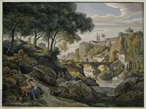 Fountain Prints: Italian mountain landscape with a stone bridge, 1827. Creator: Ernst Fries
