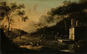 Backlit Prints: Italian Mountain Landscape with Travelers at a Well, 1650-1700. Creator: Hans de Jode