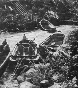 Launching Prints: Italian Offensive of the Isonzo; boats are launched into the current slowed down by a dam