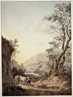 Chalk On Paper Prints: Italian-style landscape with a shepherd, c1790-1795. Creator: Jacob van Strij