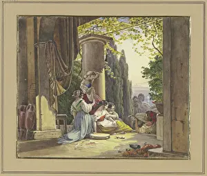 Sunny Prints: Italian terrace with girls and lute player, c1830-1870. Creator: Friedrich Nerly