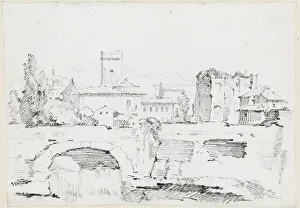 Vien Joseph Marie I Prints: An Italian Town with a Stone Bridge and a Waterfall