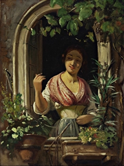 Window Box Prints: Italian woman waving from a window, end of the 1850s. Creator: Wilhelm Marstrand