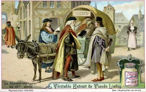 Bookseller Prints: Itinerant 16th century bookseller with covered donkey cart full of books