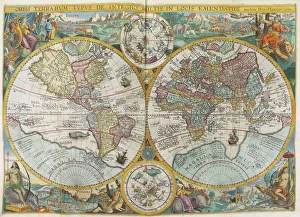 World Map Prints: Itinerarium. World map with costumes, natives, ships, plants and animals, 1644. Creator