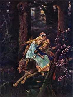 Ivan Tsarevich on a Grey Wolf, c1887, (1965). Creator: Viktor Mihajlovic Vasnecov