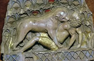 Phoenician Gallery: Ivory panel of a lioness devouring a boy, Palace of Ashurnasirpal II, Nimrud, Phoenician