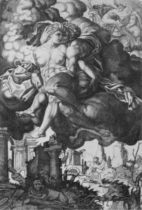 Gian Jacopo Caraglio Prints: Ixion attempting to seduce Juno, surrounded by clouds with ruins below, ca. 1520-39