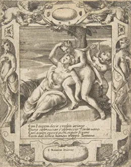 Ixion Prints: Ixion embracing a cloud, thinking it is Juno, Cupid at the right, set within an elabora