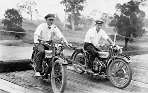 Motorcycle Prints: Jack Bain (right in image) and another man on Harlin Bridge, 1926. Creator: Jack Bain