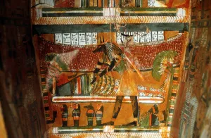 Jackal-headed god Anubis receiving dead king or noble, Ancient Egyptian