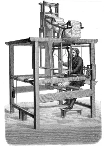 Jacquard Prints: Jacquard loom, with swags of punched cards from which pattern was woven, 1876
