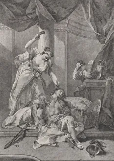 Servant Collection: Jael hammering a tent peg into the temple of the sleeping Sisera, to the right a se